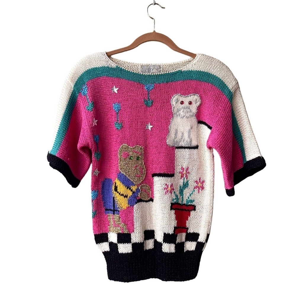 Vtg Collectible NANNELL Teddy Bear Sweater Blouse 80s Party Hand Knit RARE Sz S